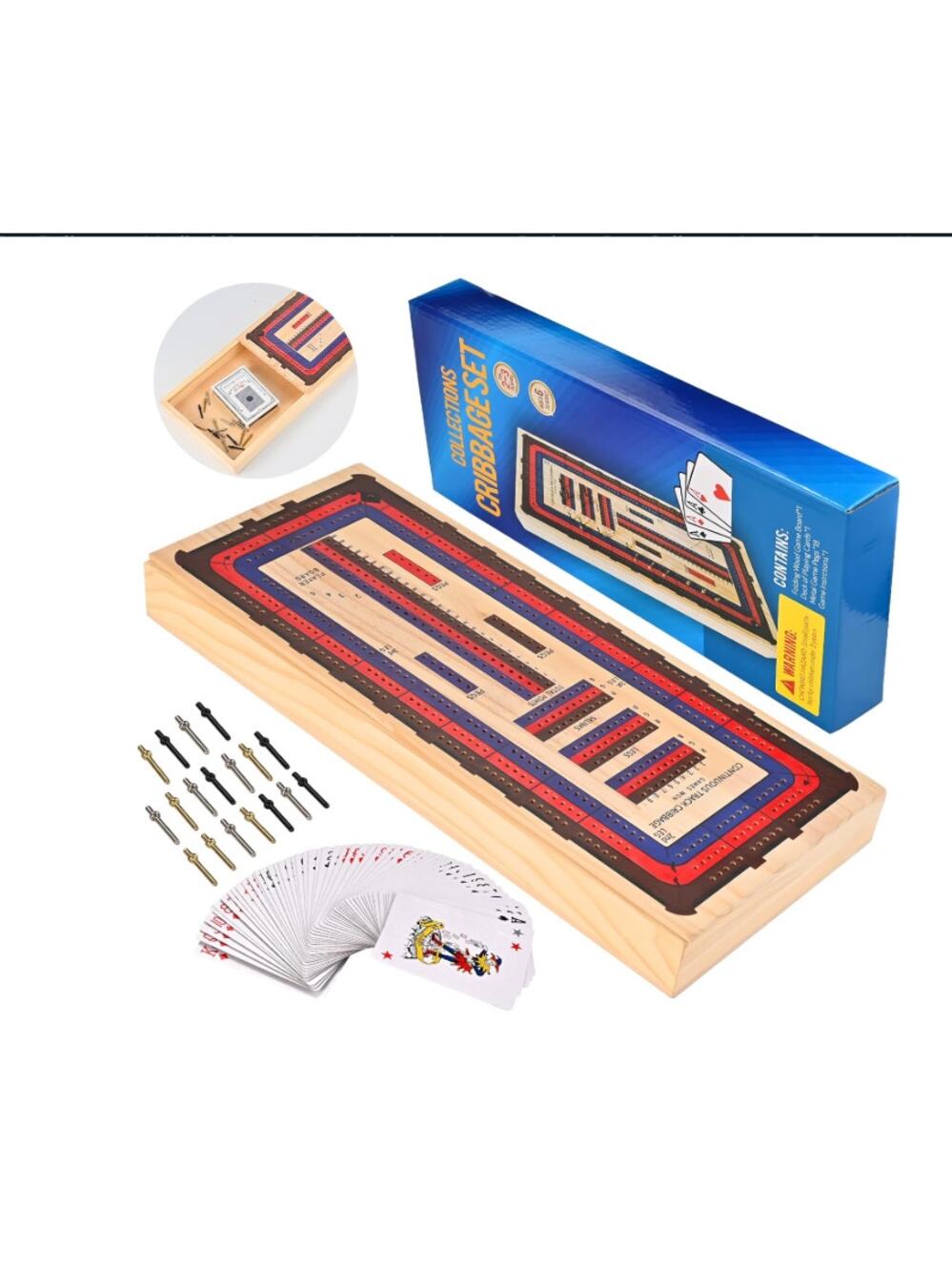 Wooden Cribbage Board Set, 3 Tracks, Larger Storage, Cards set& 18 Metal Pegs